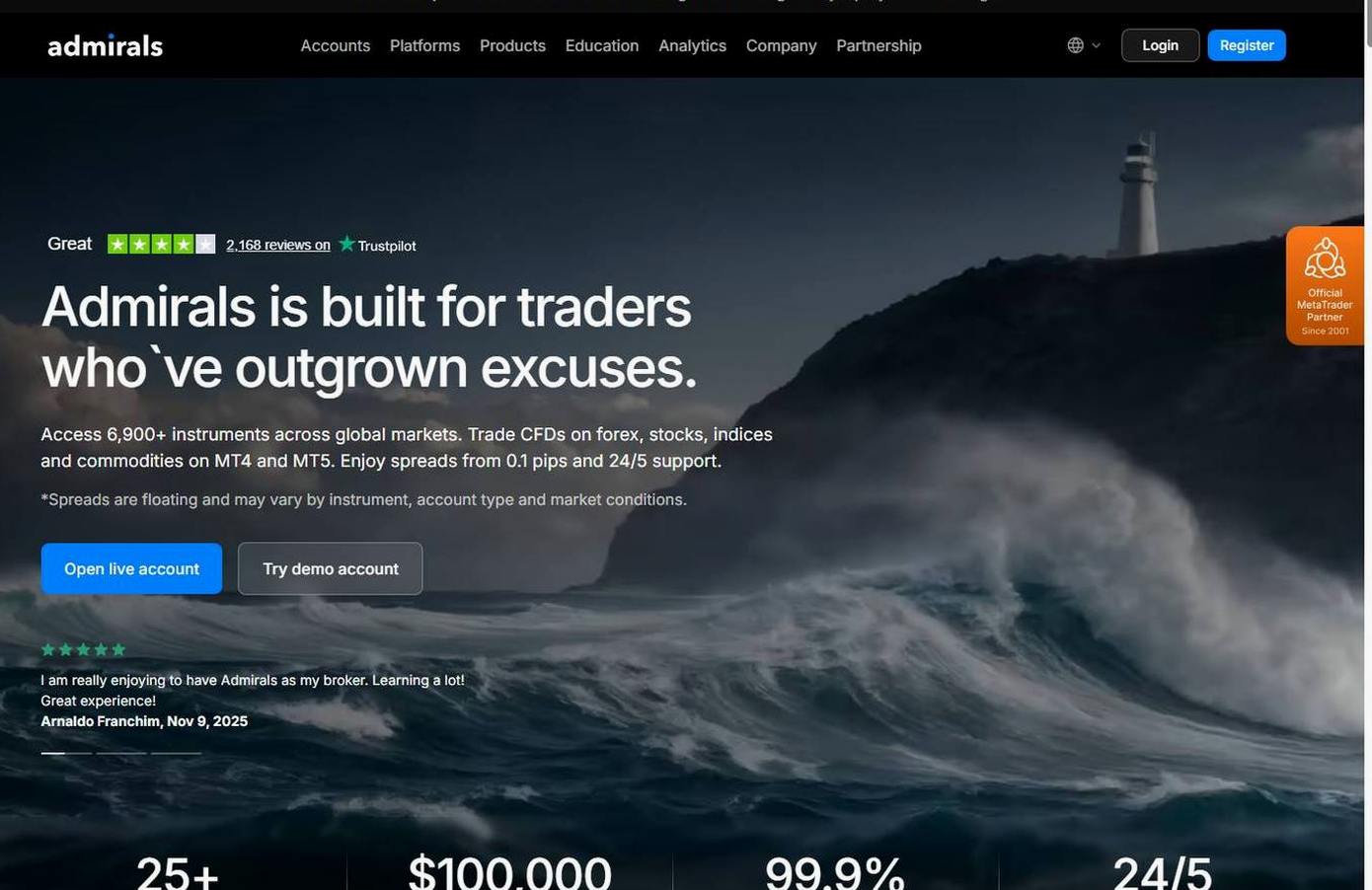 Screenshot of the Admirals website