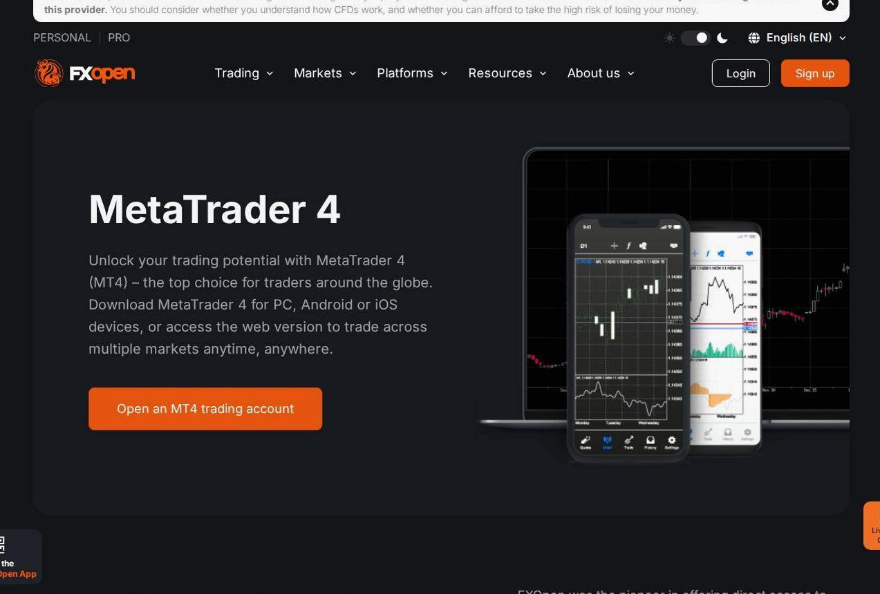 The platform page on the FXOpen website