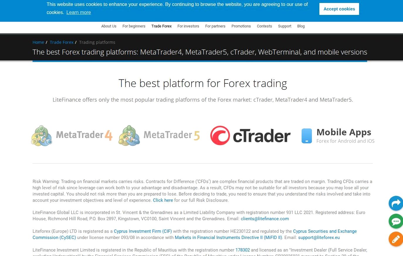 The platform page on the LiteFinance website