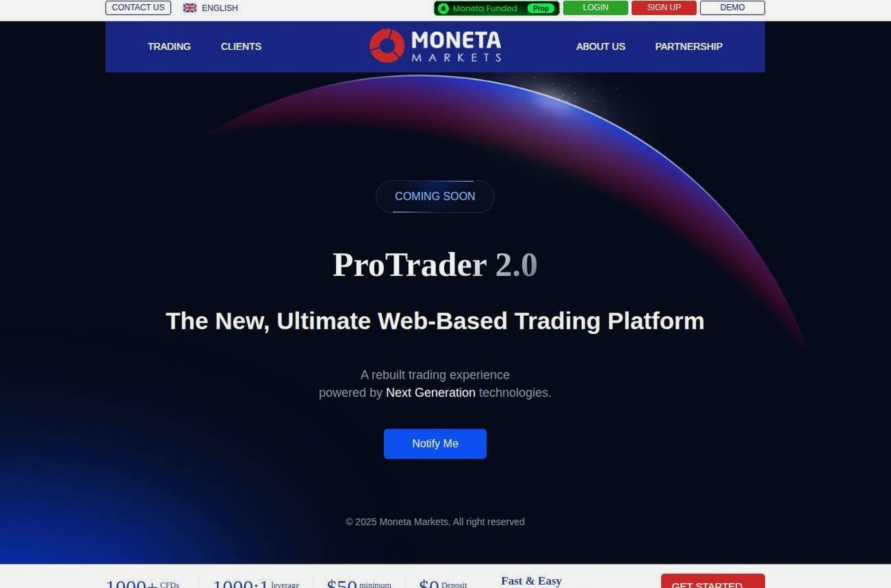 The platform page on the Moneta Markets website