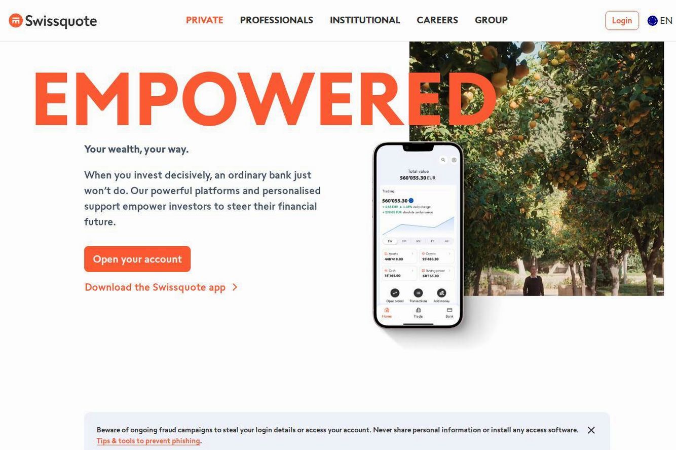 The platform page on the Swissquote website