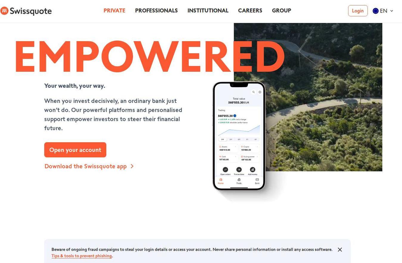 Screenshot of the Swissquote website