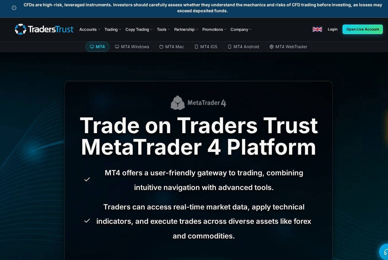The platform page on the Traders Trust website