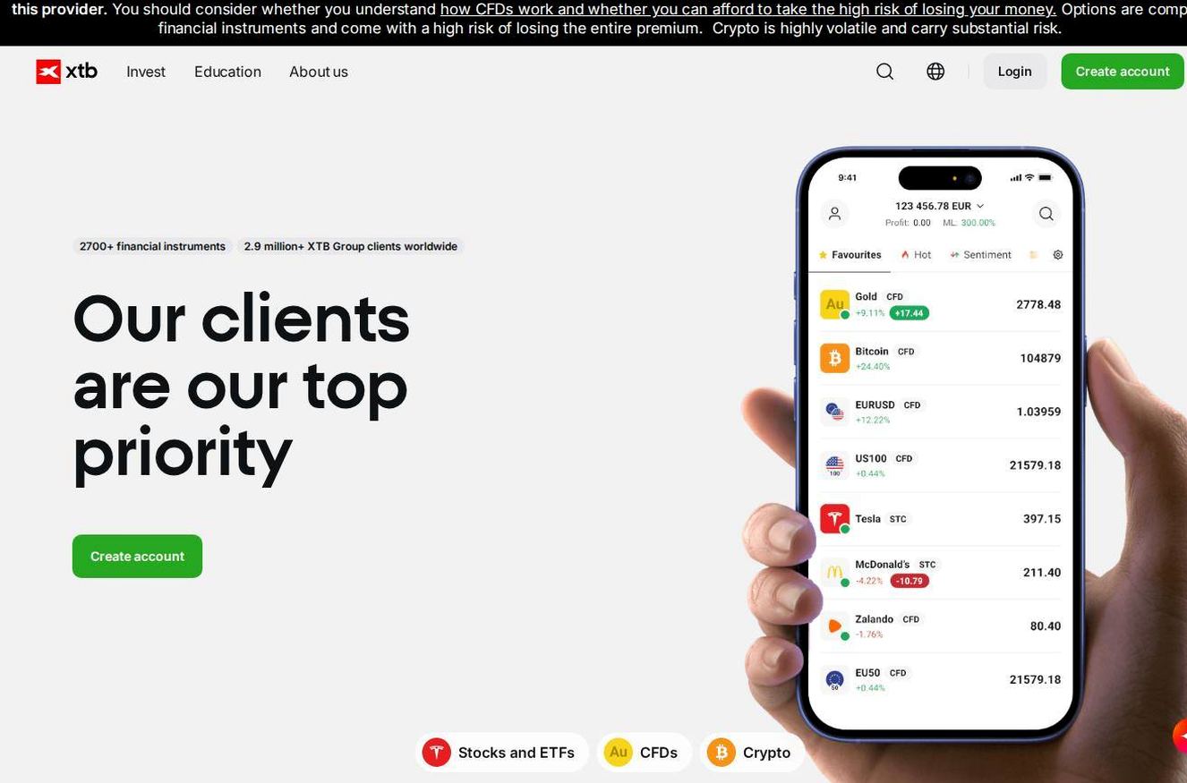 Screenshot of the XTB website